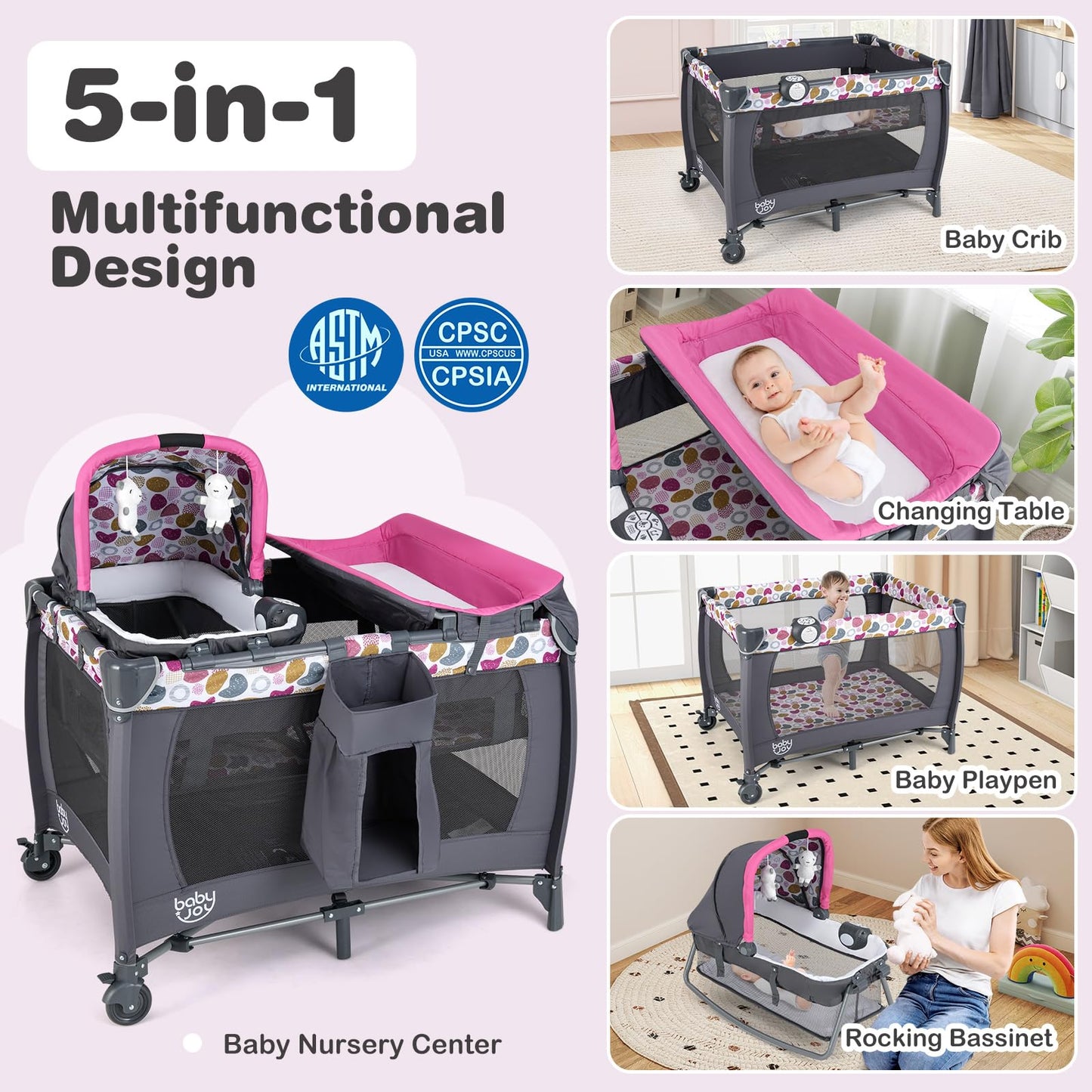 BABY JOY 5 in 1 Pink Pack and Play, Portable Baby Playard with Bassinet & Changing Table, Infant Pink Girl Bassinet Center w/Hangings & Music & Oxford Bag for Baby Toddlers (Rose, Dot Circle)