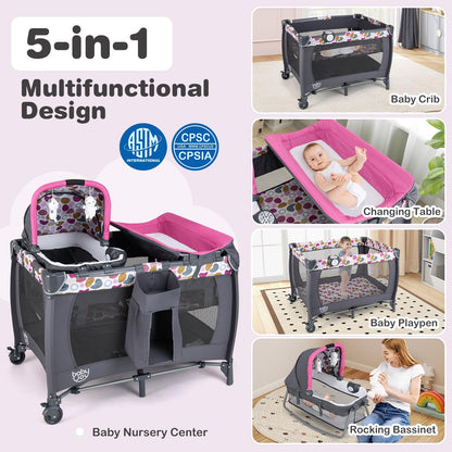 BABY JOY 5 in 1 Pink Pack and Play, Portable Baby Playard with Bassinet & Changing Table, Infant Pink Girl Bassinet Center w/Hangings & Music & Oxford Bag for Baby Toddlers (Rose, Dot Circle)
