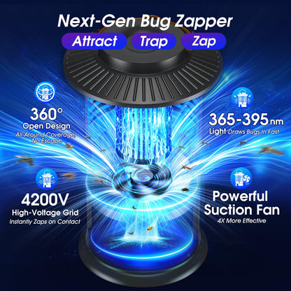 Bug Zapper Outdoor, 2-in-1 Mosquito Zapper with Attraction Light & Airflow Trap, 12H Long-Lasting Rechargeable Cordless Fly Zapper, Auto ON/Off, IPX5 Waterproof or Patio, Camping, Garage