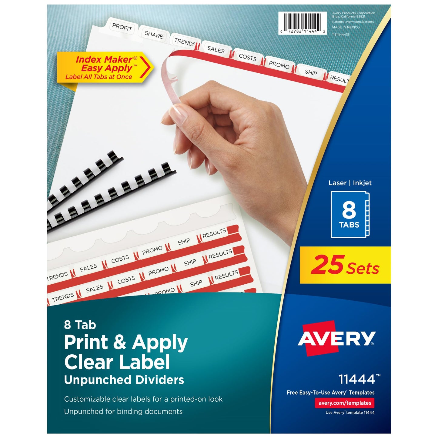 Avery 8 Tab Unpunched Dividers for Use with Any Binding System, Easy Print & Apply Clear Label Strip, Index Maker Customizable White Tabs, 150 Sets Total (6 Packs of 11444)