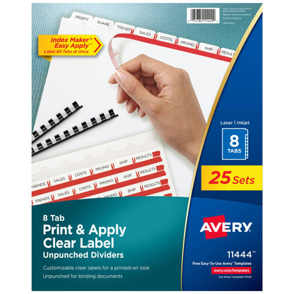 Avery 8 Tab Unpunched Dividers for Use with Any Binding System, Easy Print & Apply Clear Label Strip, Index Maker Customizable White Tabs, 150 Sets Total (6 Packs of 11444)