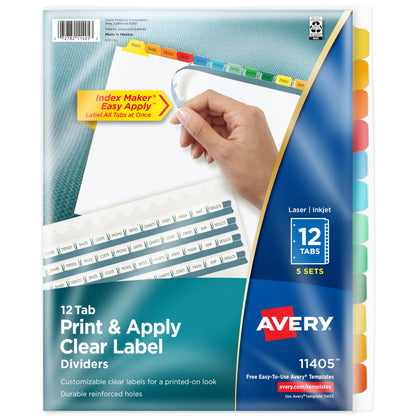 Avery 8 Tab Dividers for 3 Ring Binder, Easy Print & Apply Clear Label Strip, Index Maker Customizable Multicolor Tabs, 25 Sets (11424)
