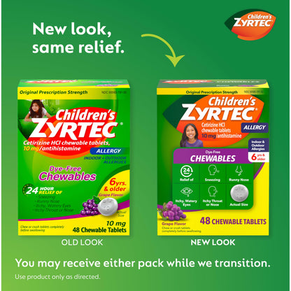 Zyrtec Children's Dye-Free Chewables for 24 Hour Allergy Relief, 10 mg Cetirizine Hydrochloride Antihistamine Tablets, Kids Allergy Medicine Relieves Sneezing & Itchy Throat, Grape, 48 ct(Pack of 2)