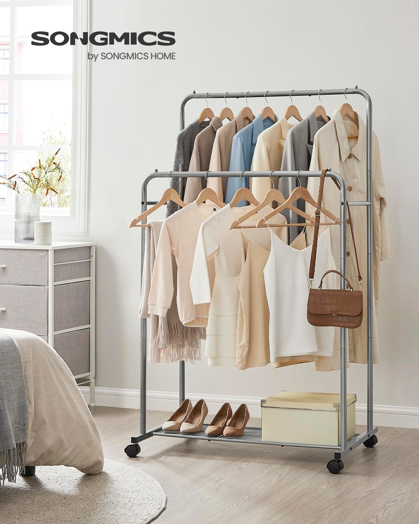 SONGMICS Clothes Rack with Wheels, Clothing Rack for Hanging Clothes, 25.4 mm Metal Garment Rack with Dense Mesh Storage Shelf, 110 lb Load Capacity, 2 Brakes, Black UHSR25BK