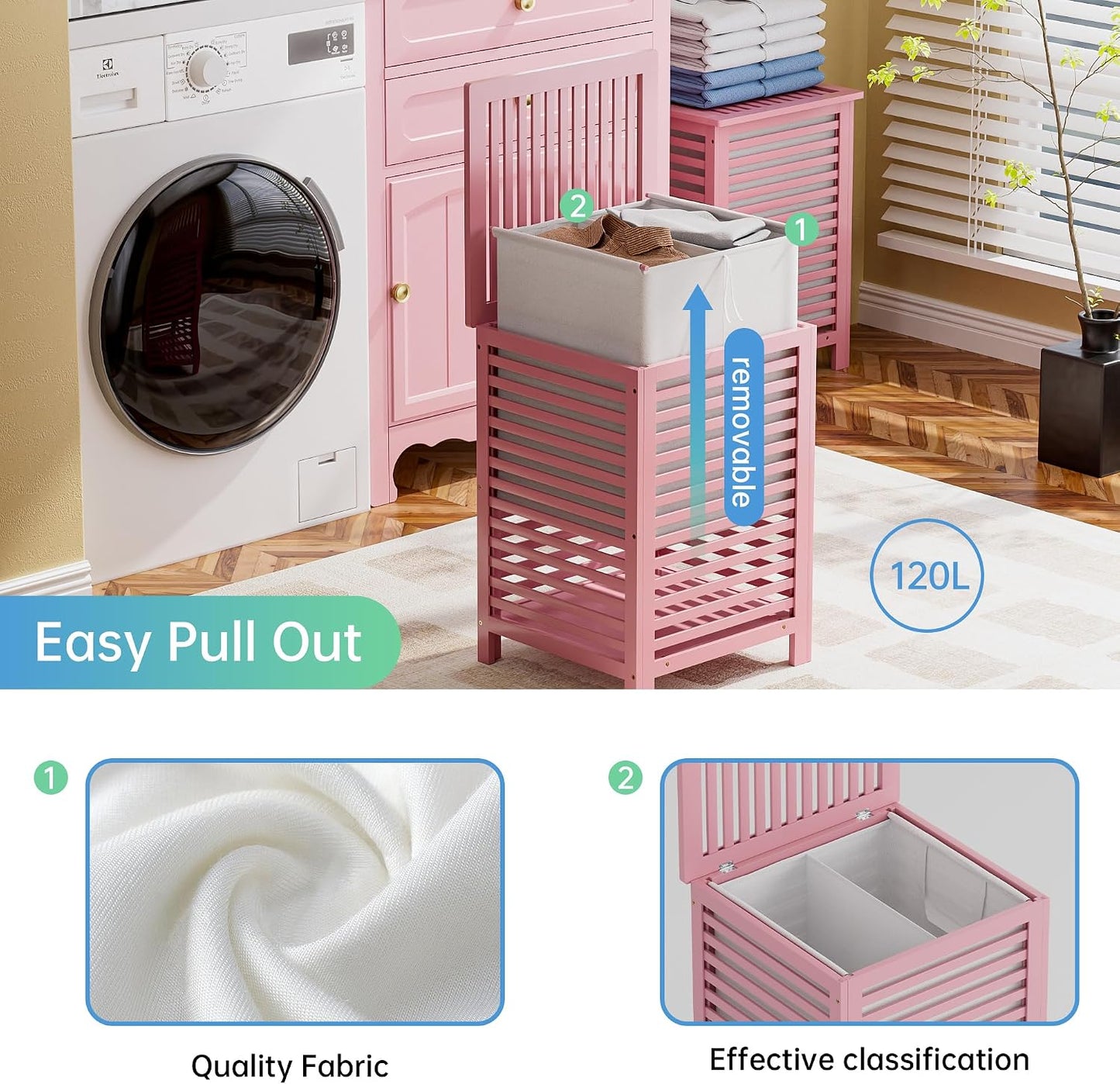 SMIBUY Double Laundry Hamper with Lid, 120L Bamboo Laundry Basket with Removable Liner Bag, 2-Section Clothes Divider Laundry Sorter for Laundry Room, Bathroom, Bedroom (Pink)