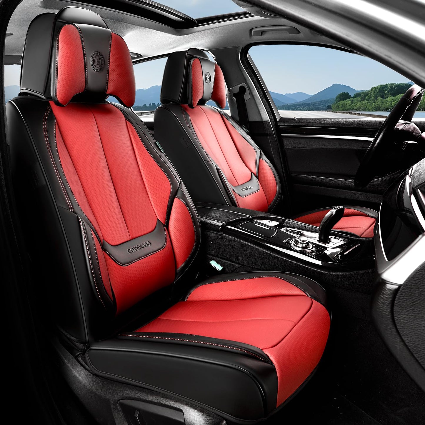 Coverado Car Seat Covers 5 Pieces, Full Set Universal Seat Covers for Cars, Waterproof Nappa Leather Auto Seat Protectors with Head Pillow, Car Interiors Fit for Most Sedans SUV Pick-up Truck, Black