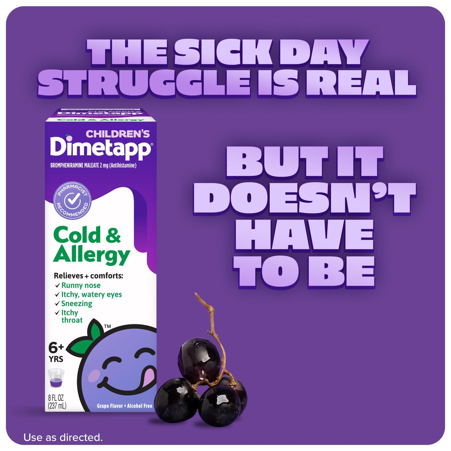 Children’s Dimetapp Cold & Allergy Liquid, Antihistamine Multi-Symptom Relief for Runny Nose, Sneezing, Itchy Throat & Watery Eyes, Grape Flavor, Phenylephrine-Free Cold Medicine, 8 fl oz (Pack of 12)