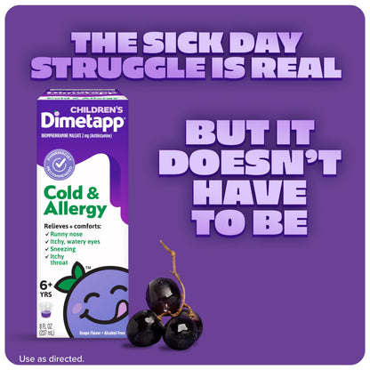 Children’s Dimetapp Cold & Allergy Liquid, Antihistamine Multi-Symptom Relief for Runny Nose, Sneezing, Itchy Throat & Watery Eyes, Grape Flavor, Phenylephrine-Free Cold Medicine, 8 fl oz (Pack of 12)