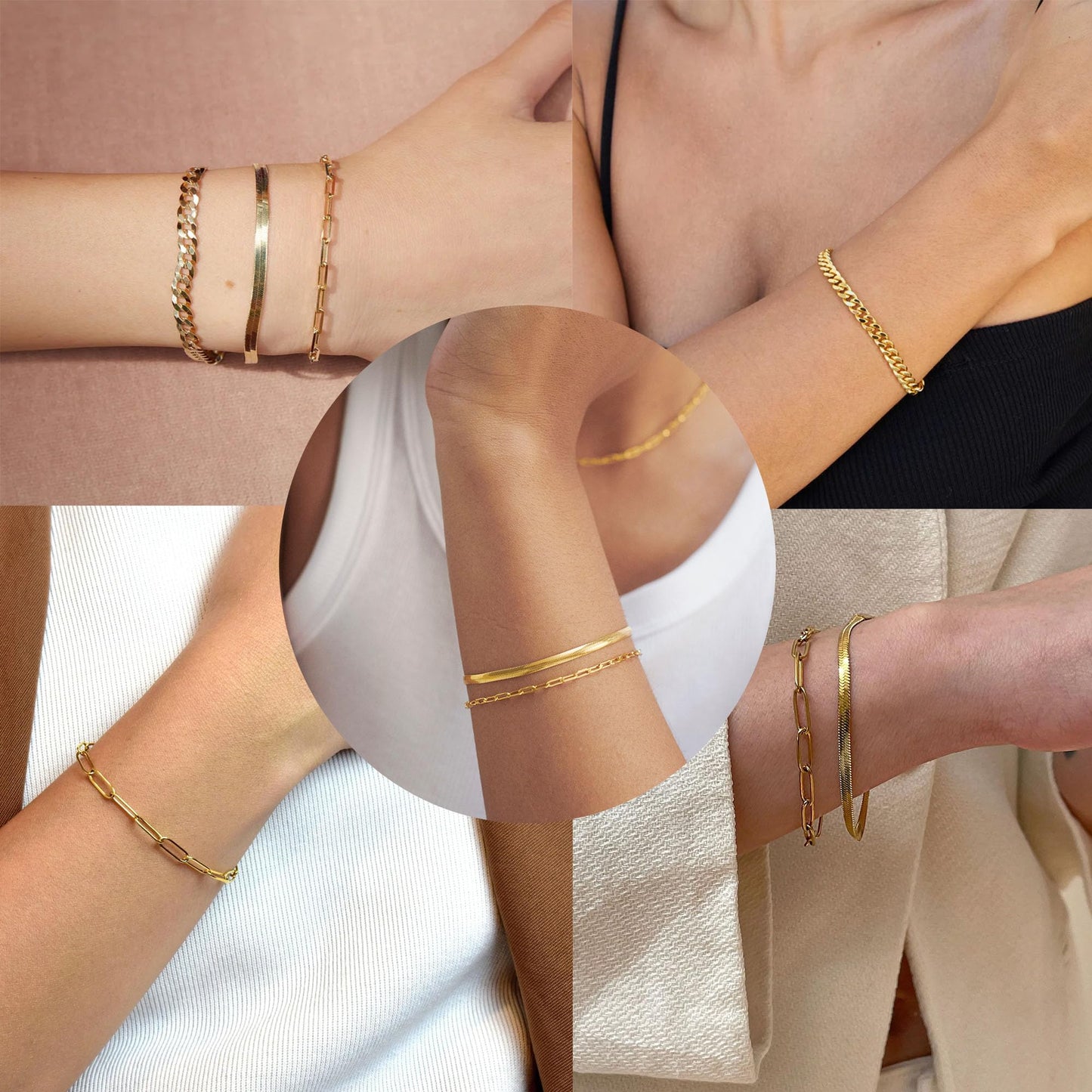 Goldarmbänder für Frauen Stapel Nicht Anlaufen, 14K Vergoldete Stapelbare Armbänder Set für Frauen Trendy, Wasserdicht Einfacher Schmuck Sets Geschenke Inklusive Perlen-/Kuban-/Büroklammer-/Fischgräten-/Seilglieder-Kette, Modeaccessoires