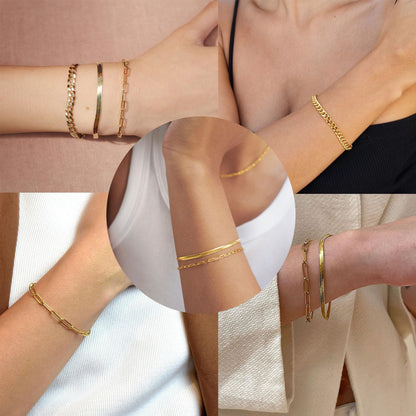 Goldarmbänder für Frauen Stapel Nicht Anlaufen, 14K Vergoldete Stapelbare Armbänder Set für Frauen Trendy, Wasserdicht Einfacher Schmuck Sets Geschenke Inklusive Perlen-/Kuban-/Büroklammer-/Fischgräten-/Seilglieder-Kette, Modeaccessoires