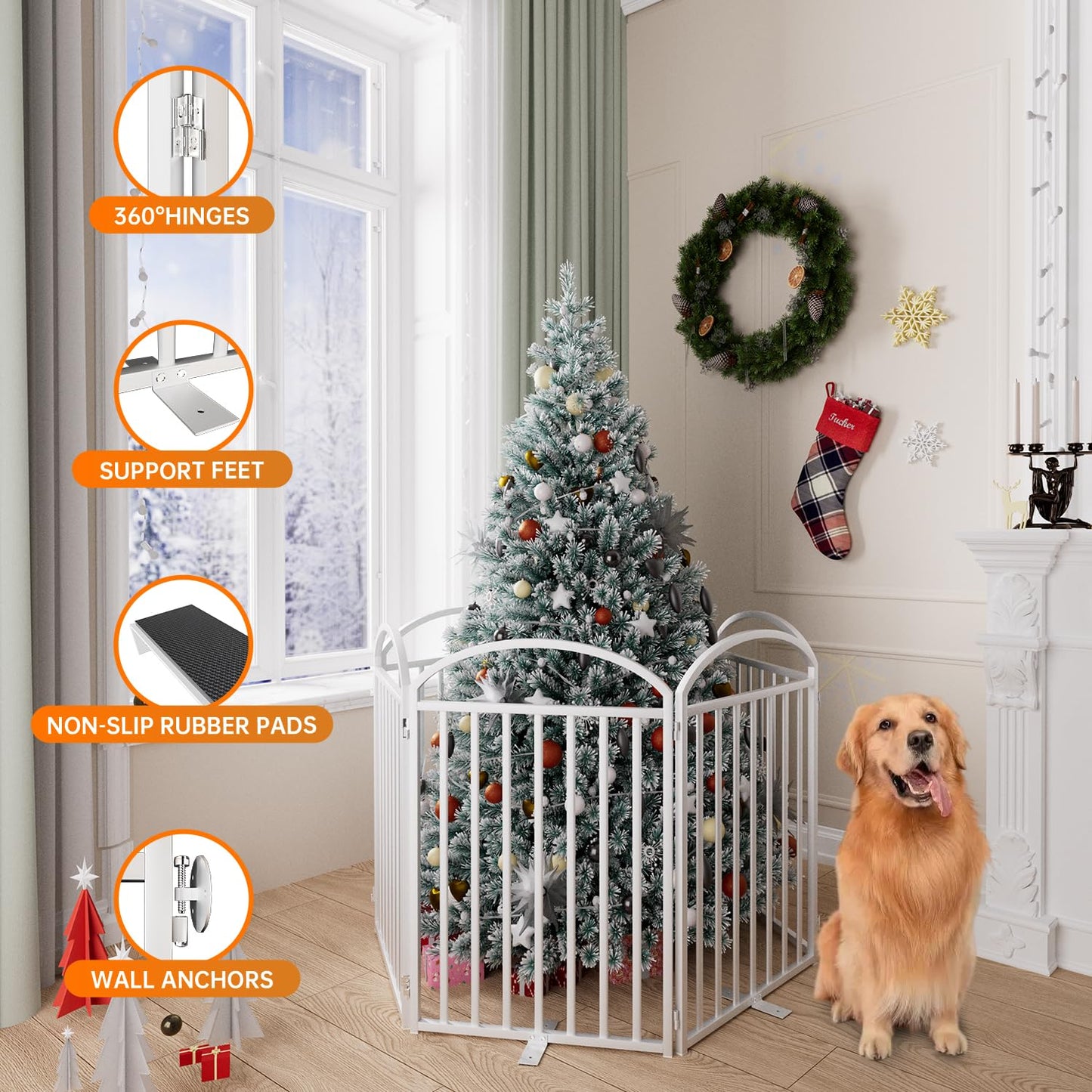SNUOWU 4 Panels Full Matel Freestanding Dog Gates with Door, 96"Extra Wide 36"Tall Free Standing Dog Pet Gate for Indoor & Outdoor. Foldable Pet Fences for Doorways, House, Stairs, Porch, Deck, Yard