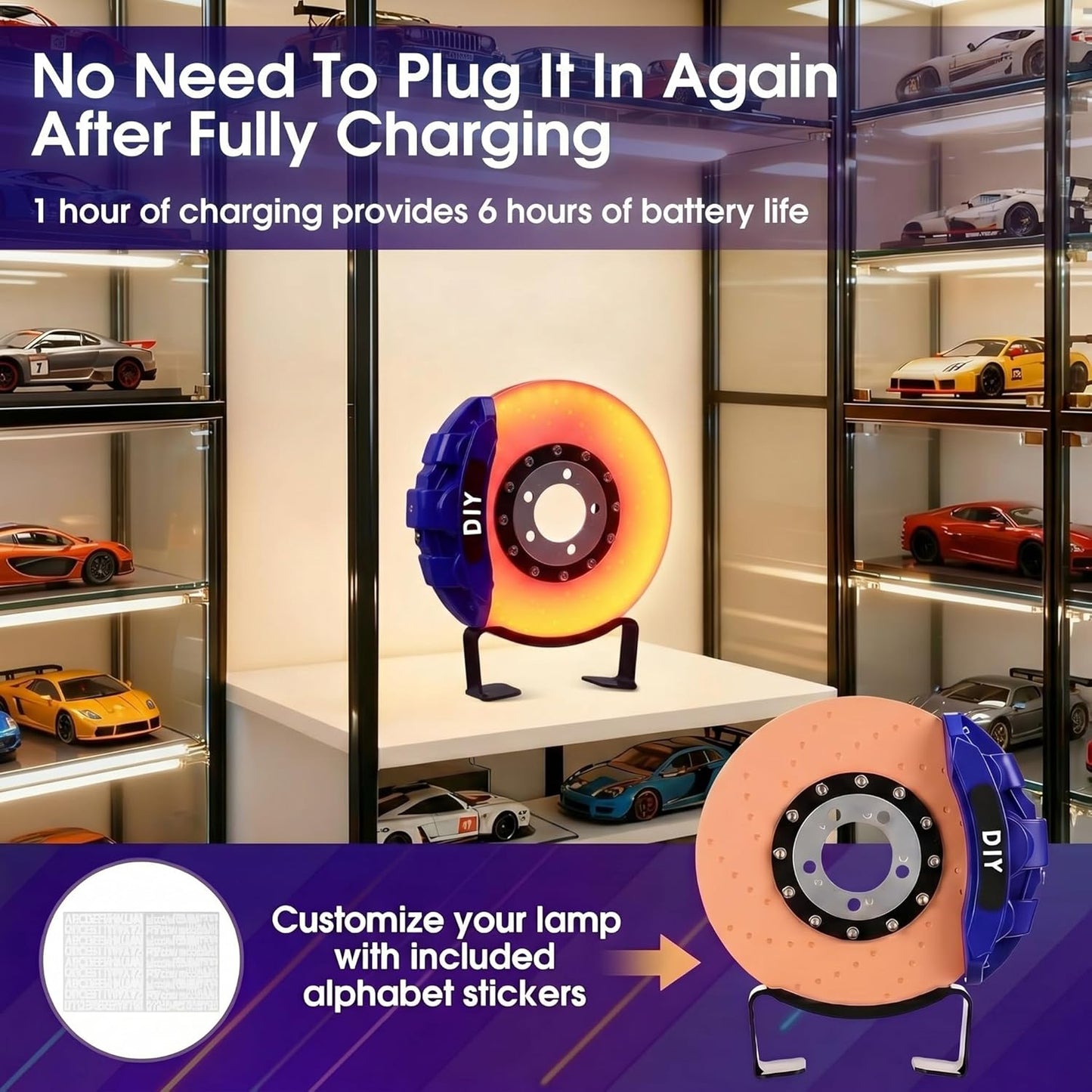 WILLBOND Brake Disc LED Lamp Cool Lamps for Men, Rechargeable Ambient Touch Night Light Unique Gifts for Him Dad Car Lover Fathers Day Birthday Holiday Room Office Home Decor(Blue - Orange Yellow)