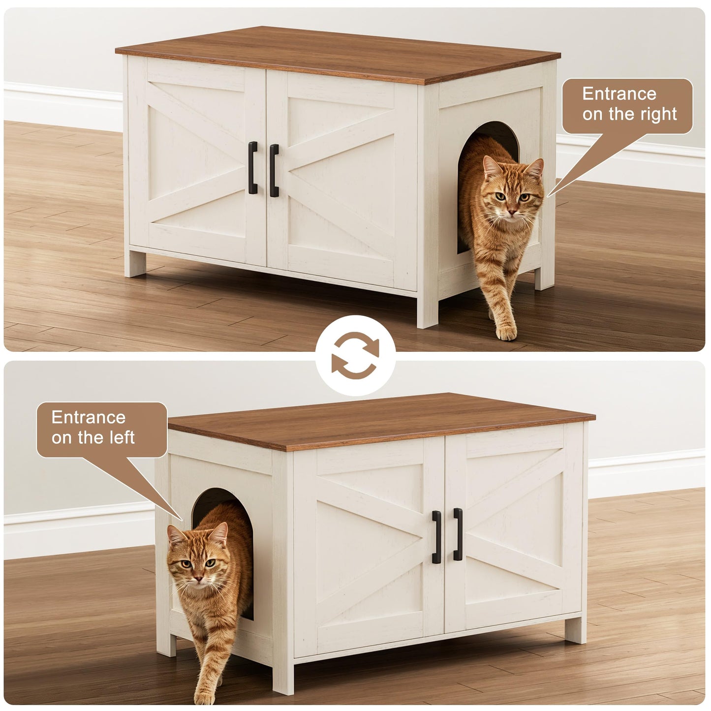 Homhedy Cat Litter Box Enclosure, Wooden Cat Washroom Furniture with Barn Door, Pet House, Fit Most of Litter Box, White