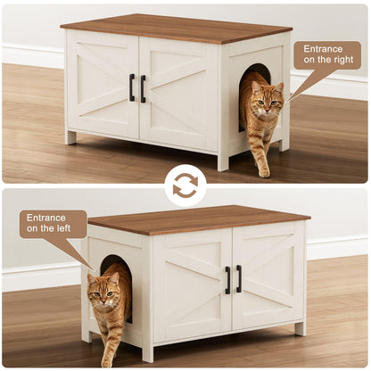 Homhedy Cat Litter Box Enclosure, Wooden Cat Washroom Furniture with Barn Door, Pet House, Fit Most of Litter Box, White