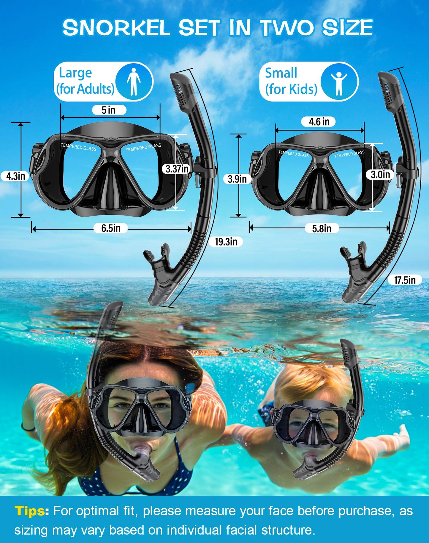 Greatever Dry Snorkel Set,Panoramic Wide View Anti-Fog Scuba Diving Mask,Professional Snorkeling Gear for Adults Kids