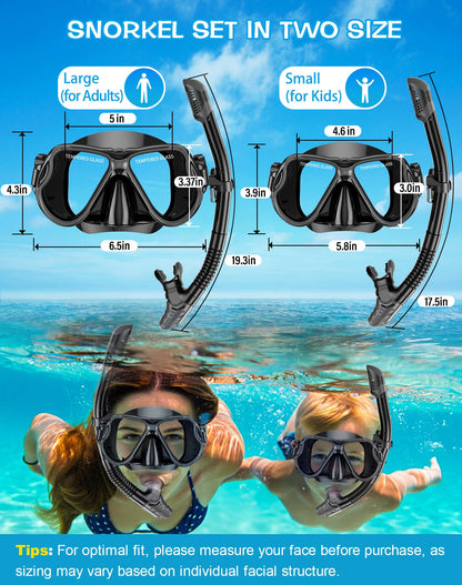 Greatever Dry Snorkel Set,Panoramic Wide View Anti-Fog Scuba Diving Mask,Professional Snorkeling Gear for Adults Kids