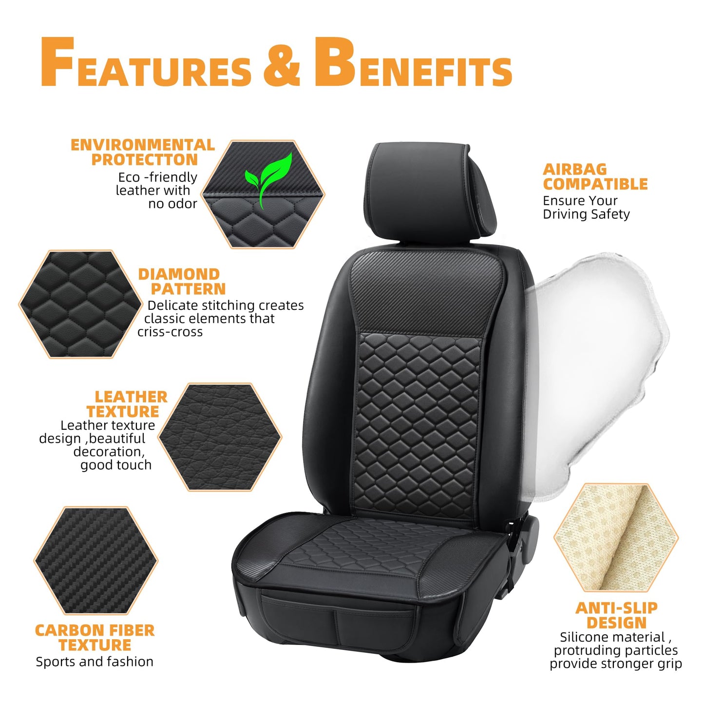Elantrip 2PCs Front Car Seat Covers Leather Water Proof Seat Protector Universal fit for Most Cars SUVs and Trucks Black