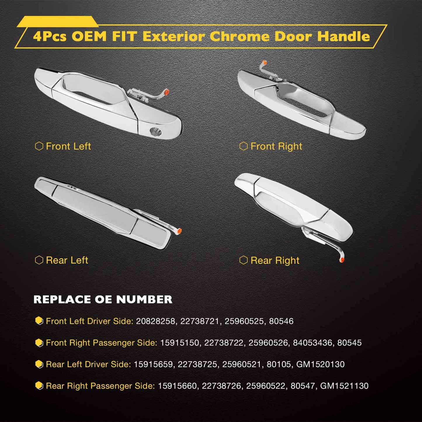 Außenliegender Chrom-Türgriff vorne links Fahrerseite | Ersatz für 2007-2013 Chevy Silverado Suburban Tahoe Avalanche GMC Sierra Yukon Cadillac Escalade | Ersetzt# 20828258, 22738721, 25960525