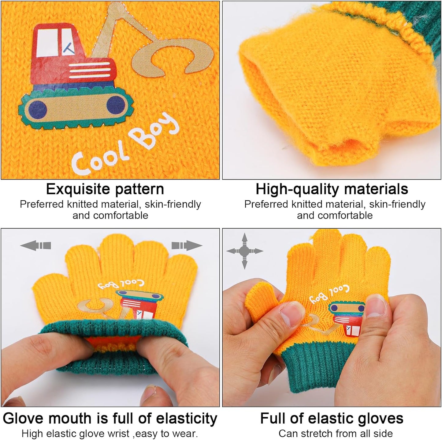 6 Paar Kleinkind Strickhandschuhe, Kinder Winter Kälteschutzhandschuhe Unisex Full Finger Stretchhandschuhe mit Bagger-Muster (Regenbogen)