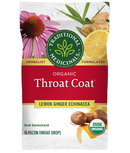 Traditional Medicinals Organic, Throat Coat Lozenges, Lemon Ginger Echinacea - Herbal Cough Drops, Helps Soothe Sore Throat - Non-GMO, Stimulant-Free - 16 Count (Pack of 12)