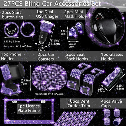 NBTEPEM 27-Piece Bling Car Accessories Set - Universal Fit Steering Wheel Covers, License Plate Frames, Phone Holder, Car Fast Charger, Coasters (Pink)