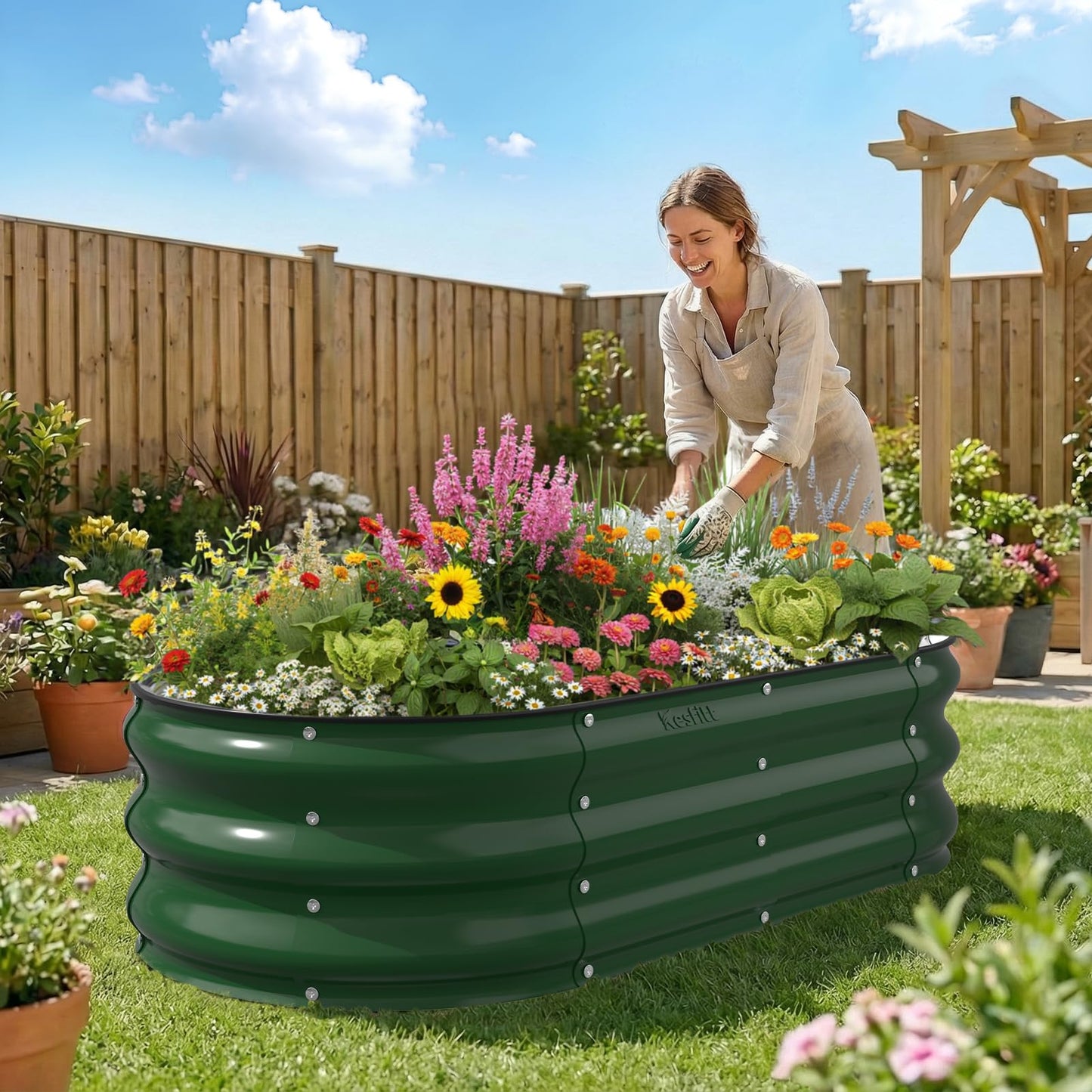 Kesfitt Raised Garden Bed, 5x2x1 FT Galvanized Steel Metal Raised Garden Bed, Oval Open-Bottom Design, 12-Inch Deep for Outdoor Vegetable & Herb Gardening, Fruit Green