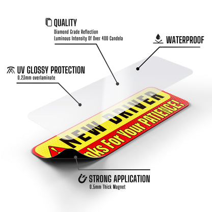 Fahranfänger-Magnet für das Auto – extra starker Halt – 24,7 cm x 8,2 cm – 3er-Pack – wichtige magnetische Fahranfänger-Aufkleber/Schilder – erinnert andere, bitte geduldig zu sein – helles und reflektierendes Schild für Fahranfänger