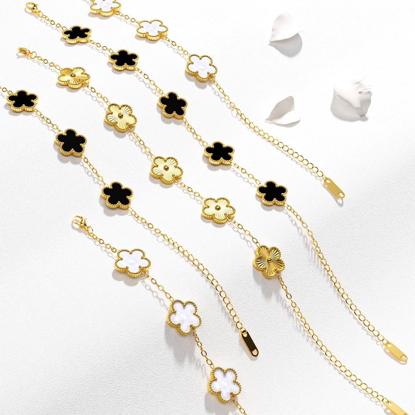 AICase 18K Gold Plated Clover Bracelet Dupes Gold/White/Black Bracelet Set for Women Flower Leaf Lucky Clover Bracelets Trendy Jewelry Birthday Gifts for Women/MoM/Friends