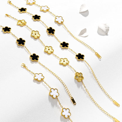 AICase 18K Gold Plated Clover Bracelet Dupes Gold/White/Black Bracelet Set for Women Flower Leaf Lucky Clover Bracelets Trendy Jewelry Birthday Gifts for Women/MoM/Friends