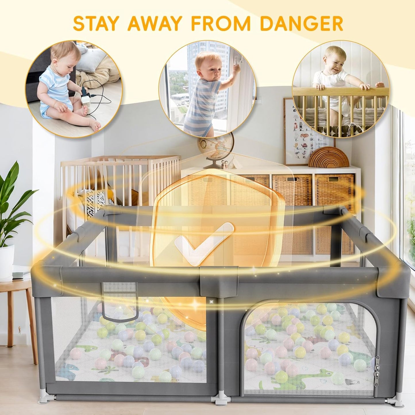 Palopalo Baby Laufgitter, 180x150cm Extra Großer Laufstall für Babys und Kleinkinder, Baby-Aktivitätszentrum mit 8 Saugnapfbasen, Baby-Laufstall mit Tür und weichem, atmungsaktivem Netz, Ohne Matte