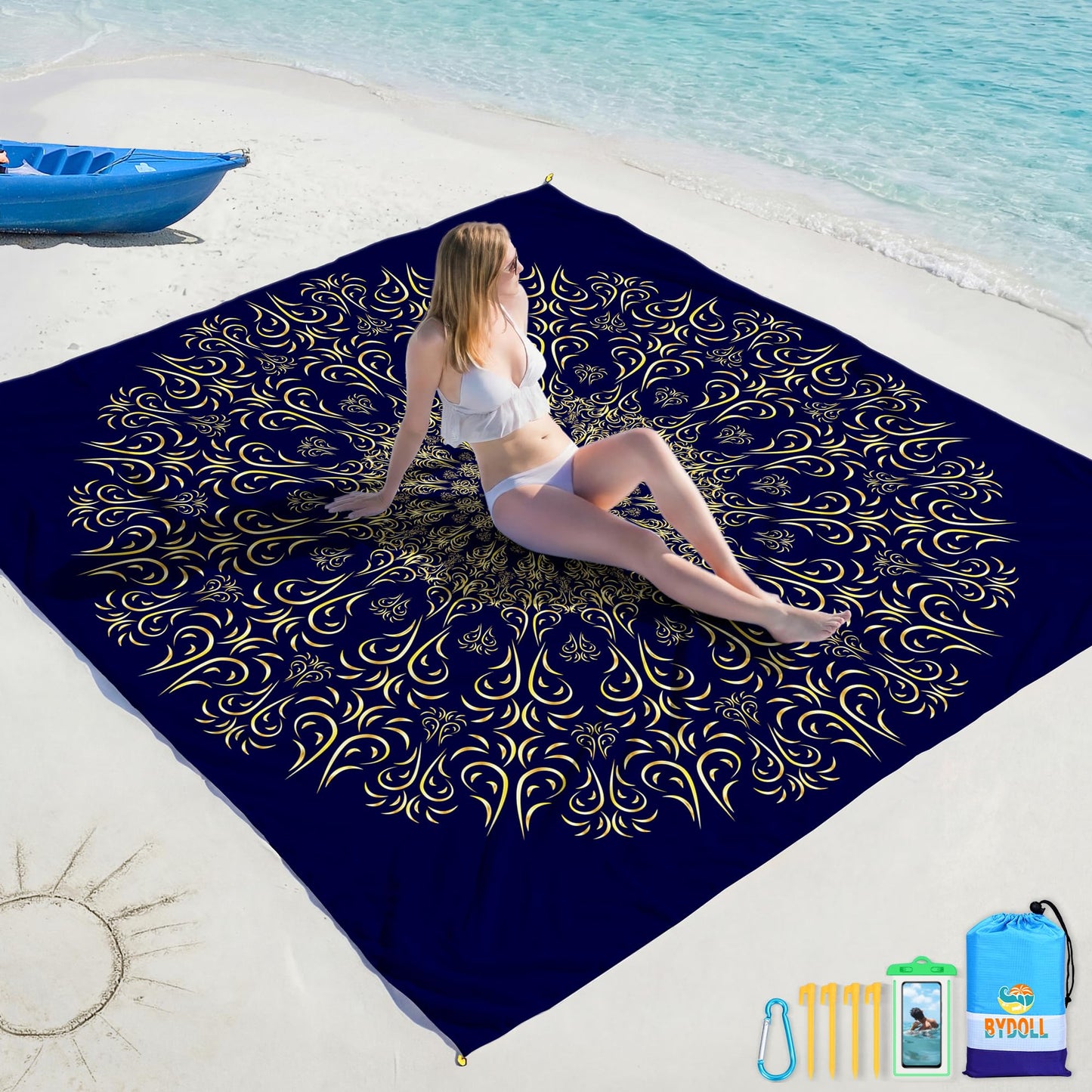 BYDOLL Beach Blanket Waterproof Sandproof Large Sand Free,78''X81''/10'X9' Oversized Sandless Lightweight Blanket Picnic Mat for Beach Travel Camping Hiking with Stakes