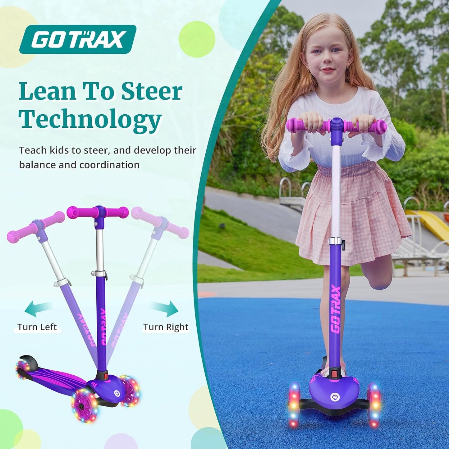 Gotrax KS1 Kinder-Roller, LED-Räder und 3-fach verstellbare Lenkerhöhe, Lean-to-Steer & breites Anti-Rutsch-Deck, 3-Rad-Roller für Jungen und Mädchen ab 3 Jahren und bis 45 kg