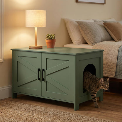 Homhedy Cat Litter Box Enclosure, Wooden Cat Washroom Furniture with Barn Door, Pet House, Fit Most of Litter Box, White