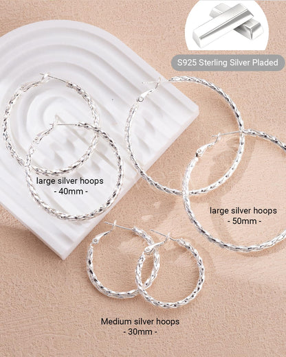 925 Sterling Silver Post Hoop Earrings Lightweight Twisted Hoop Earrings for Women Hypoallergenic Large Hoop Earrings 30/40/50MM