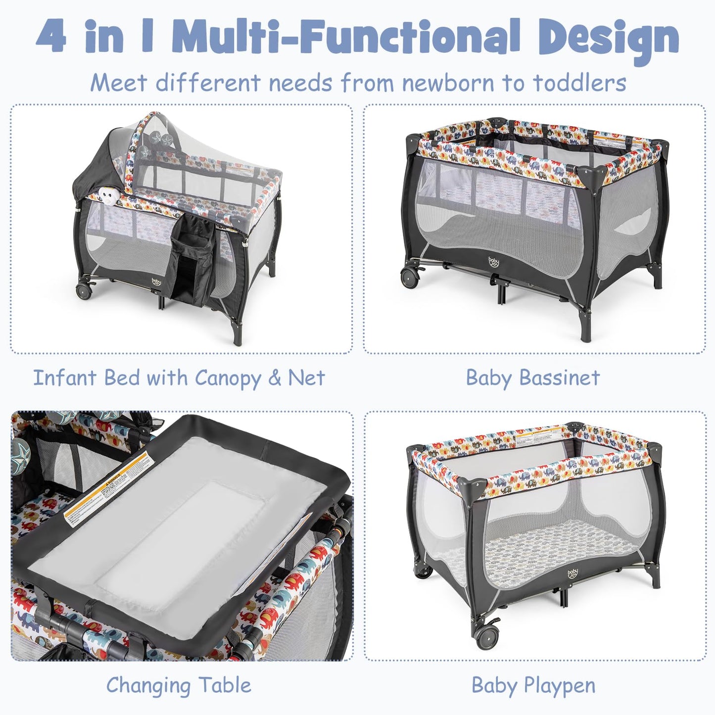 BABY JOY 4 in 1 Pack and Play with Canopy, Portable Baby Playard with Bassinet, Double-Layer Baby Crib, Wheels & Brake, Foldable Baby Girl Pink Bassinet from Newborn to Toddler