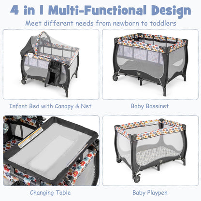 BABY JOY 4 in 1 Pack and Play with Canopy, Portable Baby Playard with Bassinet, Double-Layer Baby Crib, Wheels & Brake, Foldable Baby Girl Pink Bassinet from Newborn to Toddler