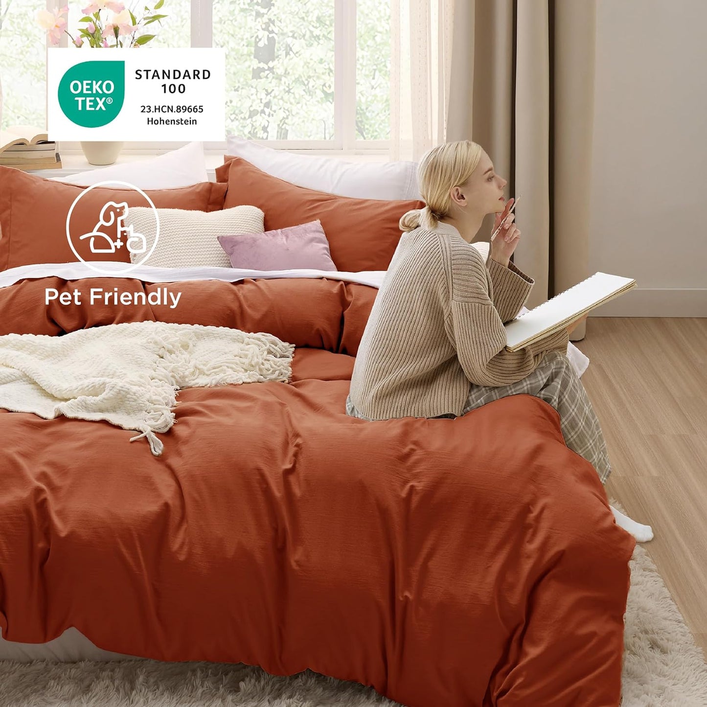Funda nórdica blanca Bedsure, tamaño Queen, 3 piezas, aspecto de algodón prelavado, juego de cama extrasuave, incluye 1 funda nórdica de 228 x 228 cm con cierre de cremallera y 2 fundas de almohada, edredón no incluido