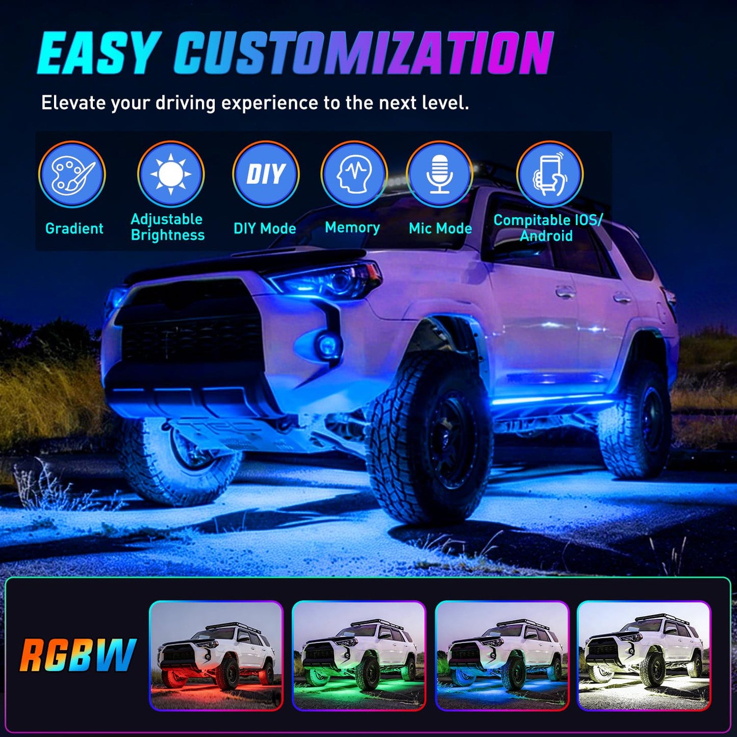 Nilight 4Pcs Car Underglow Neon Accent Strip Lights 252 LEDs RGB 8 Color Sound Active Function Music Mode with Wireless Remote Control Underbody Light Strips for Cars Van SUV Truck