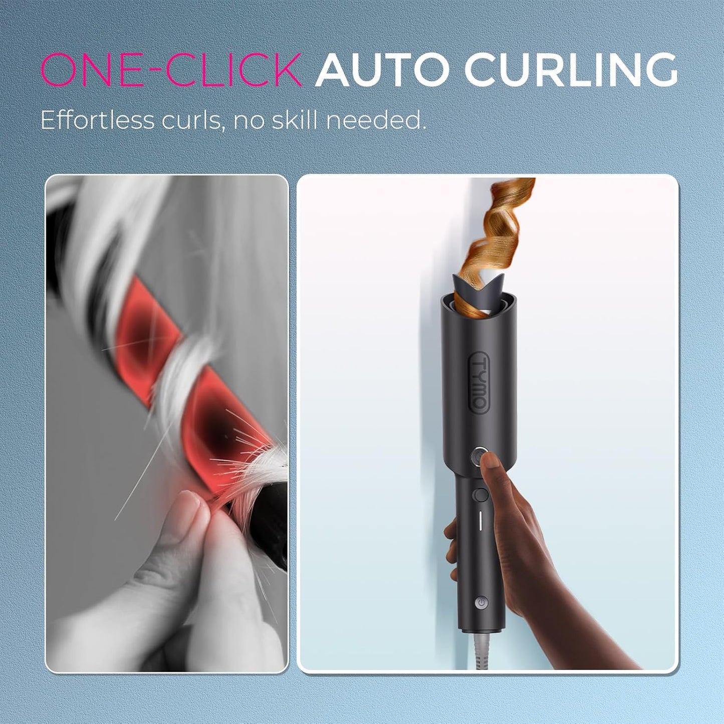 TYMO CURLPRO Automatic Rotating Curling Iron - Beach Waves Curling Wand, Portable Hair Curler, 500 Million Ionic, Dual Voltage & Lightweight for Travel, Ceramic Coating, Metallic Gray 1 inch