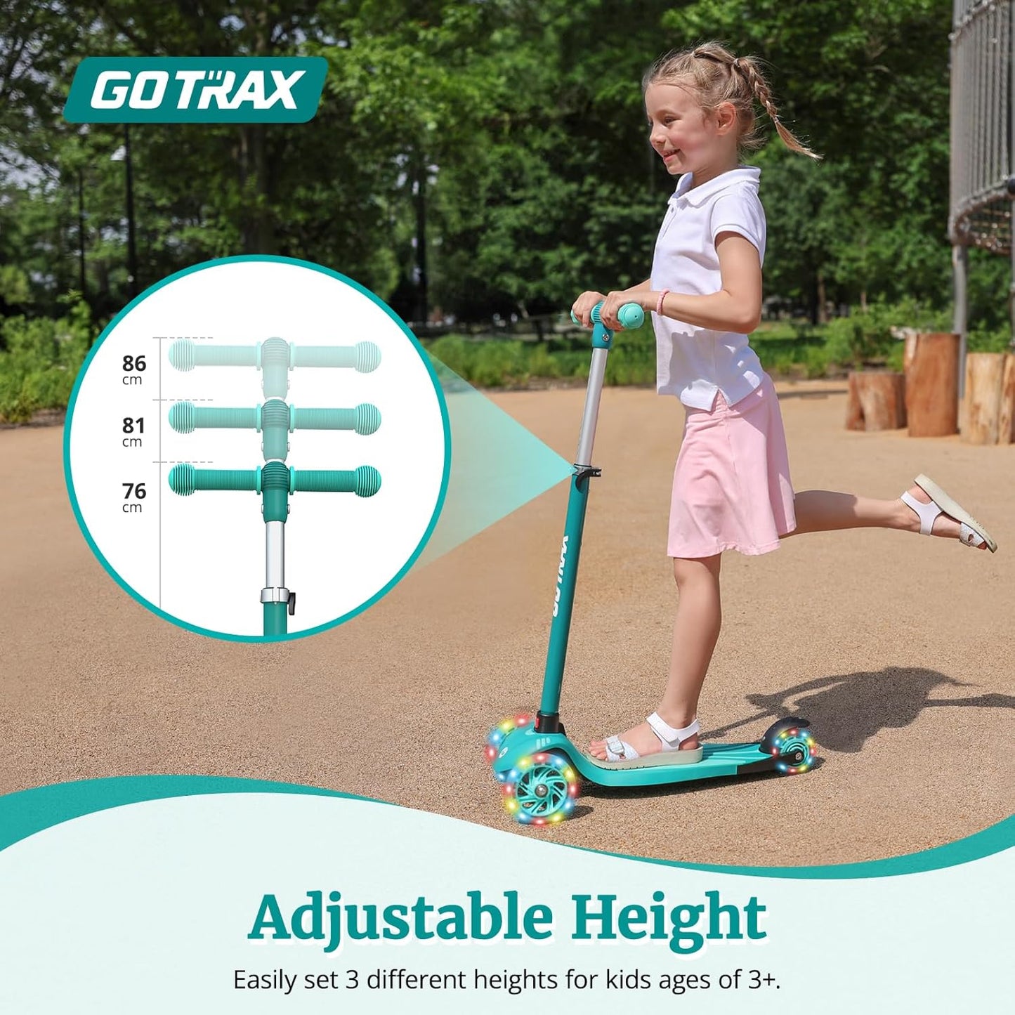 Gotrax KS1 Kinder-Roller, LED-Räder und 3-fach verstellbare Lenkerhöhe, Lean-to-Steer & breites Anti-Rutsch-Deck, 3-Rad-Roller für Jungen und Mädchen ab 3 Jahren und bis 45 kg