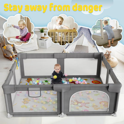 Palopalo Baby Laufgitter, 180x150cm Extra Großer Laufstall für Babys und Kleinkinder, Baby-Aktivitätszentrum mit 8 Saugnapfbasen, Baby-Laufstall mit Tür und weichem, atmungsaktivem Netz, Ohne Matte