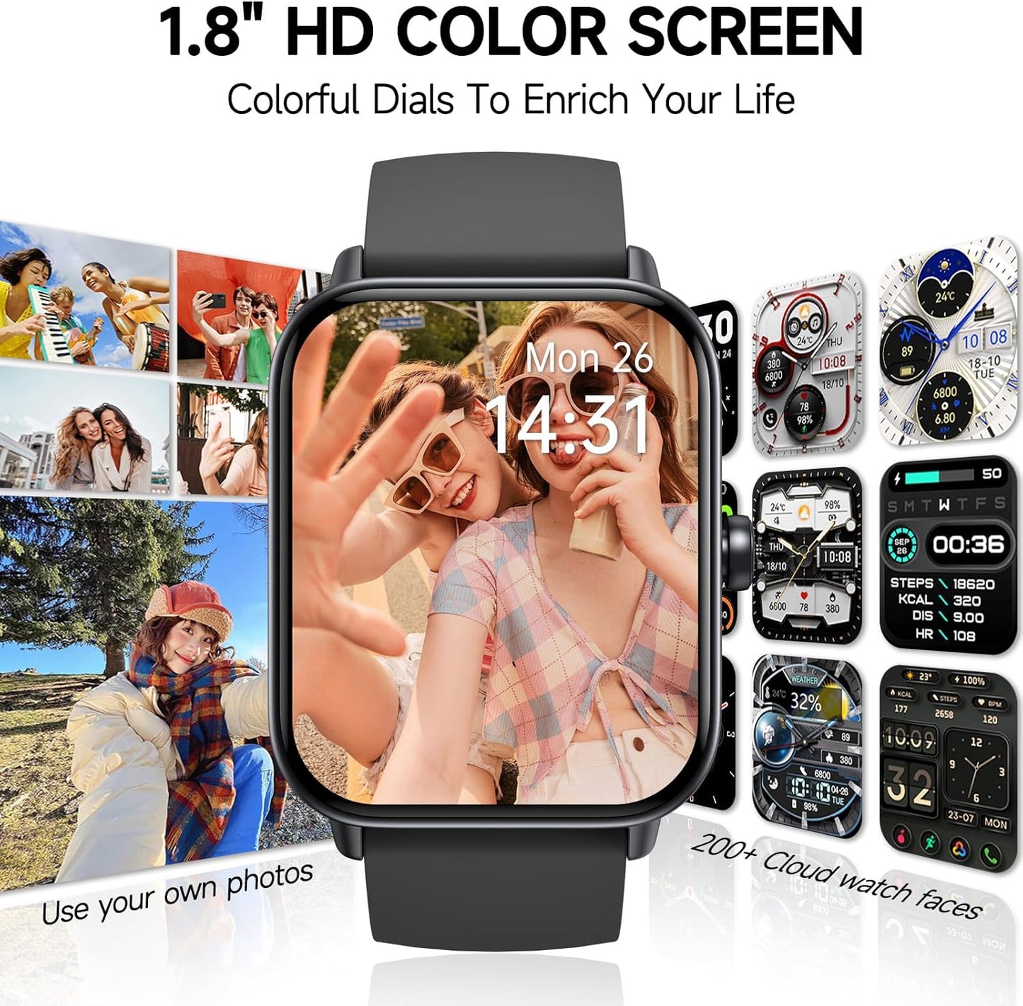 Smartwatch für Herren Damen (Anrufe entgegennehmen/tätigen), Alexa-Smartwatch kompatibel mit Android iOS, Fitness-Tracker mit Herzfrequenz-SpO2-Schlafmonitor, 1,8 Zoll HD DIY Zifferblatt Wasserdichte Uhr mit Bluetooth-Anruffunktion