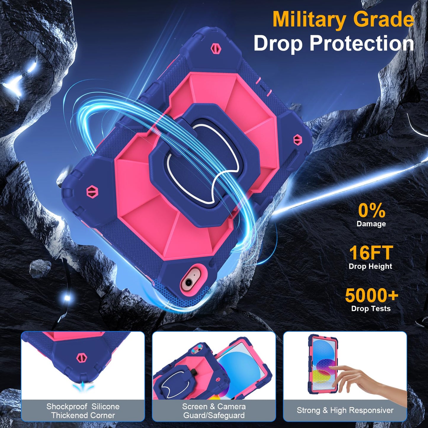 Case for iPad A16 11th Generation 11 Inch 2025, Auorld for iPad 10th Generation 10.9 inch 2022 case with Screen Protector, 360 Degree Rotating Stand Shoulder Strap Pencil Holder, Navy Pink