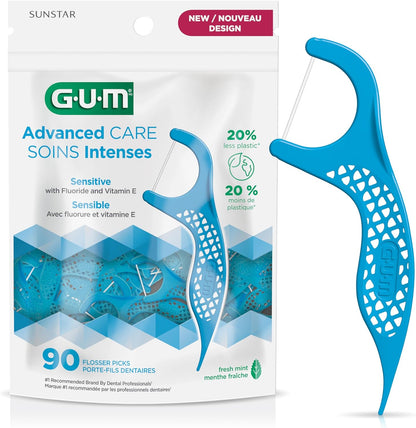 GUM Advanced Care Flosser Picks, angereichert mit Vitamin E & Fluorid, frischer Minzgeschmack, blau, 150 Flosser (1 Beutel)