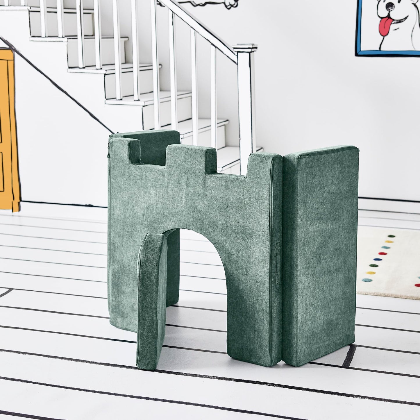 Yourigami Kids and Toddler Play Gym, Playroom Couch Set, Durable Modular Design, Green Meadows