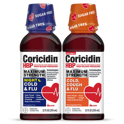 Coricidin HBP Maximum Strength Cold & Flu Day & Night Sugar-Free Liquid Twinpack,Decongestant-Free Cold Medicine for Adults with High Blood Pressure -12 Fl Oz,2 Count (Pack of 2)