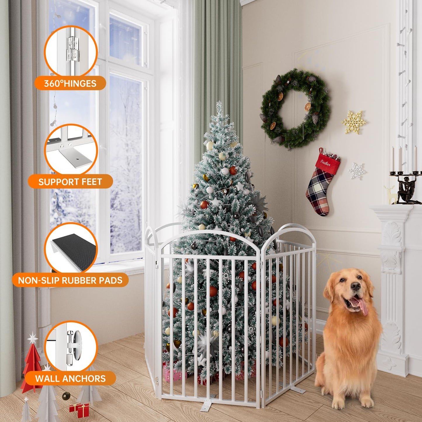 SNUOWU 4 Panels Full Matel Freestanding Dog Gates with Door, 96"Extra Wide 36"Tall Free Standing Dog Pet Gate for Indoor & Outdoor. Foldable Pet Fences for Doorways, House, Stairs, Porch, Deck, Yard