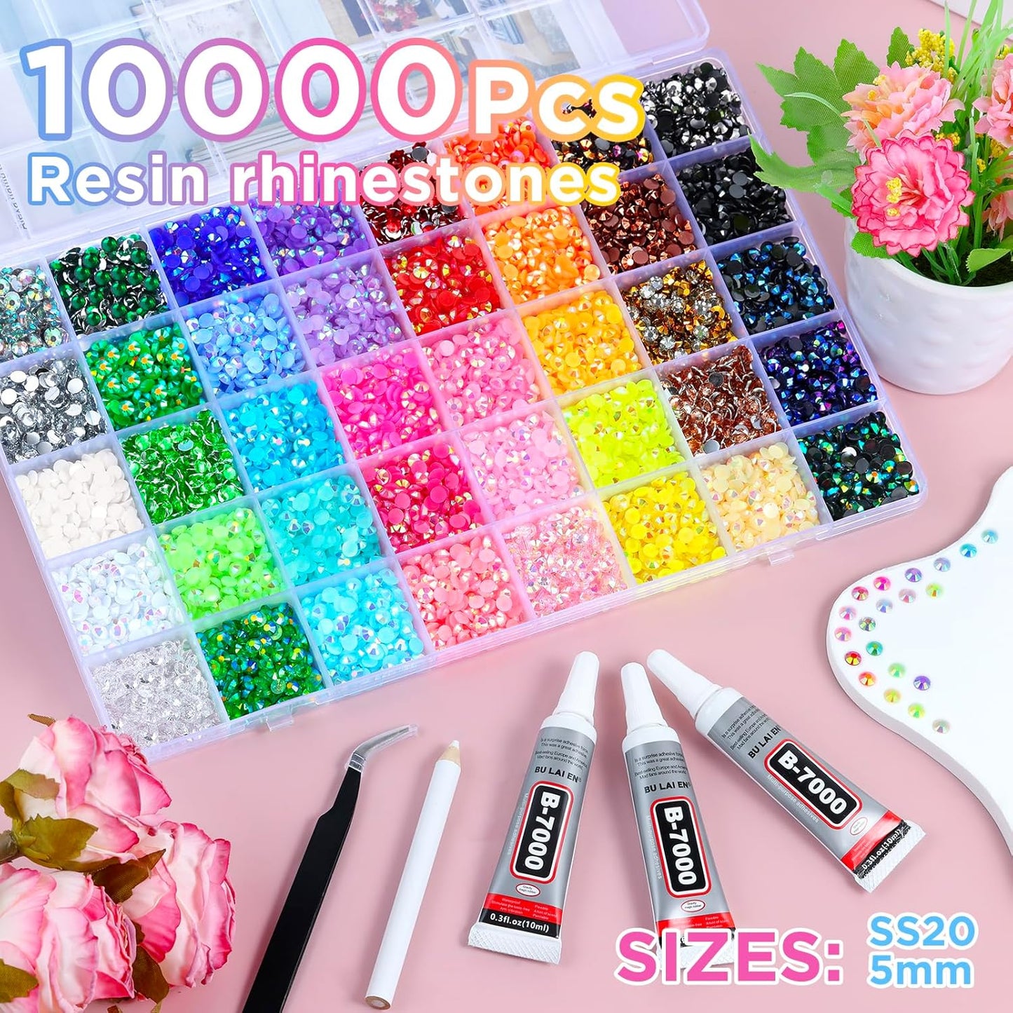 Zefy 40 Colors Resin Jelly Rhinestones for Bedazzling, 3mm 32000 Pcs Flatback Gems for Crafting, Bedazzling Kit with 3Pcs B7000 Glue for Clothing Shoes Nail Book Diamond Art