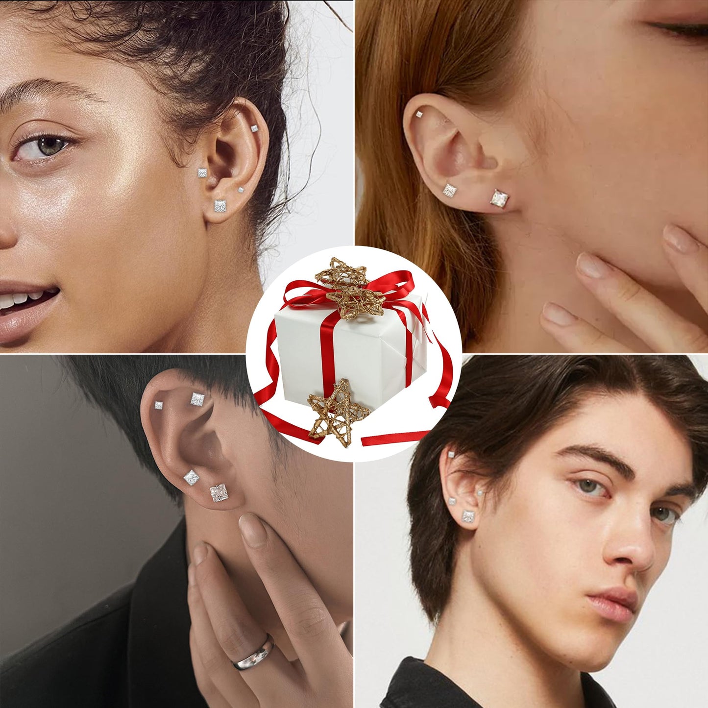 Trinckle 4 Paar Edelstahl Ohrringe, Silber Zirkonia Ohrstecker Hypoallergener Prinzessschliff Ohrstecker Set für Damen, Quadratische Ohrringe für Herren Knorpelpiercing Labordiamant Herren Schmuck Geschenke