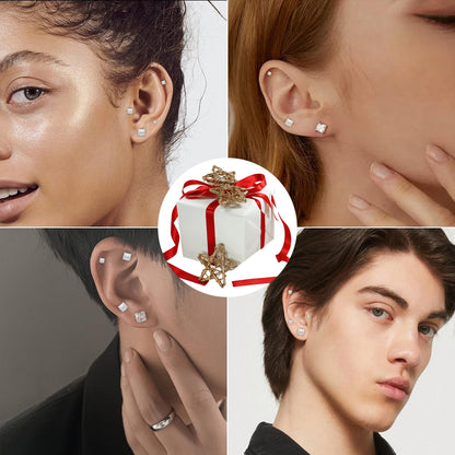 Trinckle 4 Paar Edelstahl Ohrringe, Silber Zirkonia Ohrstecker Hypoallergener Prinzessschliff Ohrstecker Set für Damen, Quadratische Ohrringe für Herren Knorpelpiercing Labordiamant Herren Schmuck Geschenke